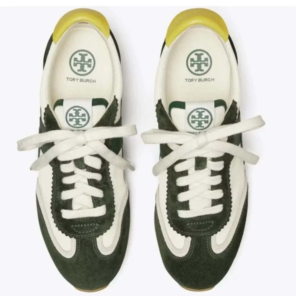 Tory Burch Green and Cream Retro Sneakers with Suede and Mesh